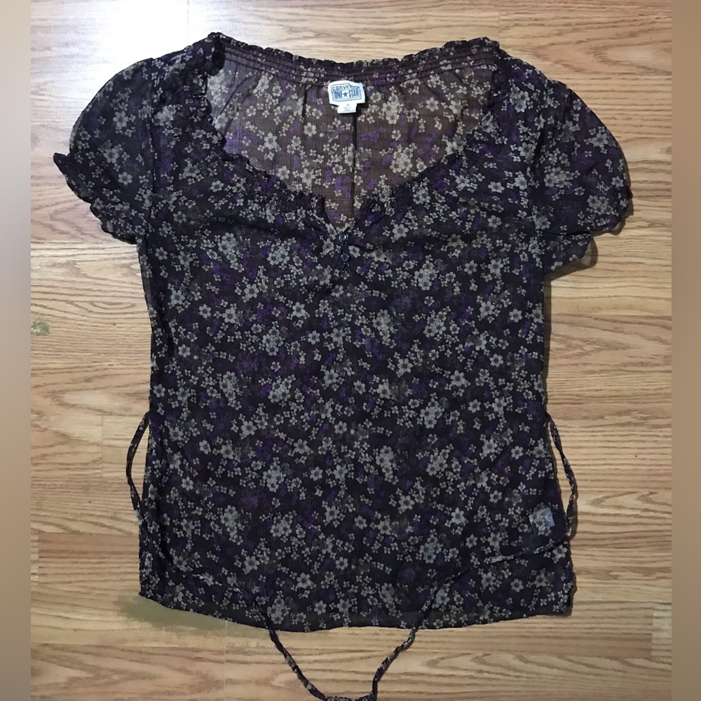Converse All Star One Floral Purple Sheer Top / Blouse / Shirt M Cap sleeve